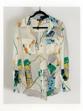 FORE Women's Satin-feel Abstract Print‎ Long-sleeve Blouse Size L